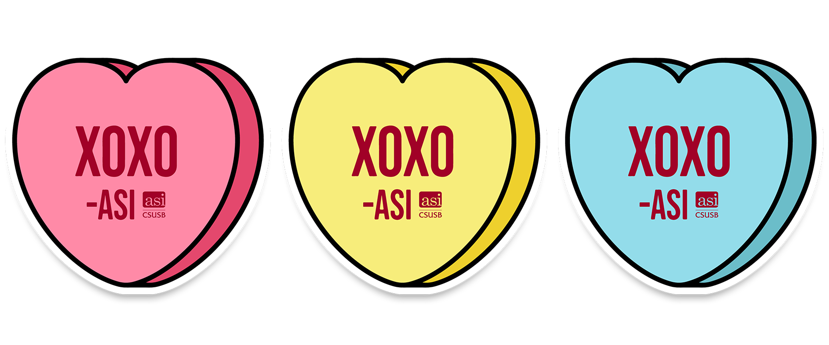 Three Sweetheart stickers that read, 'XOXO -ASI.' The stickers are pink, yellow, and blue with red text.