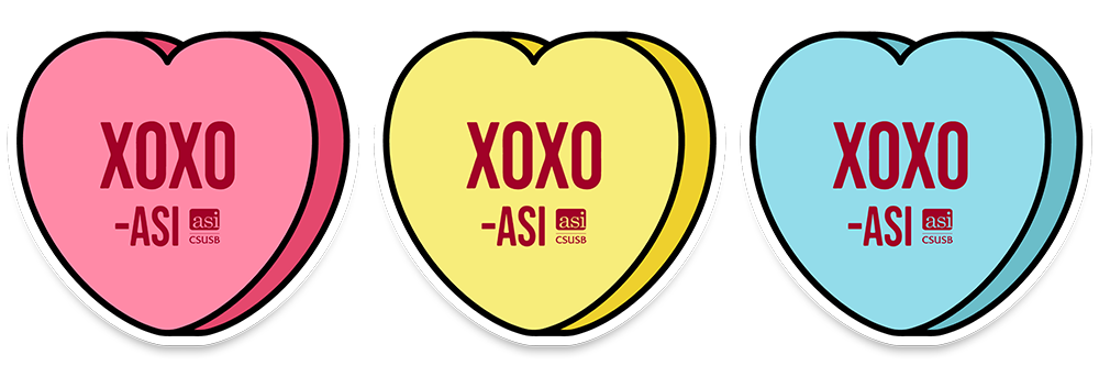 Three Sweetheart stickers that read: XOXO -ASI. The stickers are pink, yellow, and blue with red text