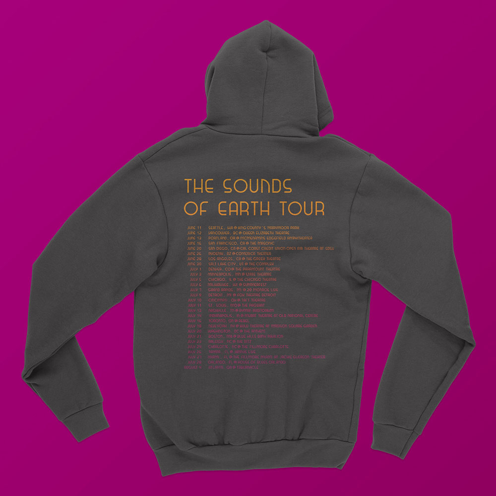 The back of a black hoodie. The text on the hoodie reads: The Sounds of Earth Tour. Various summer dates and locations across the United State are listed.