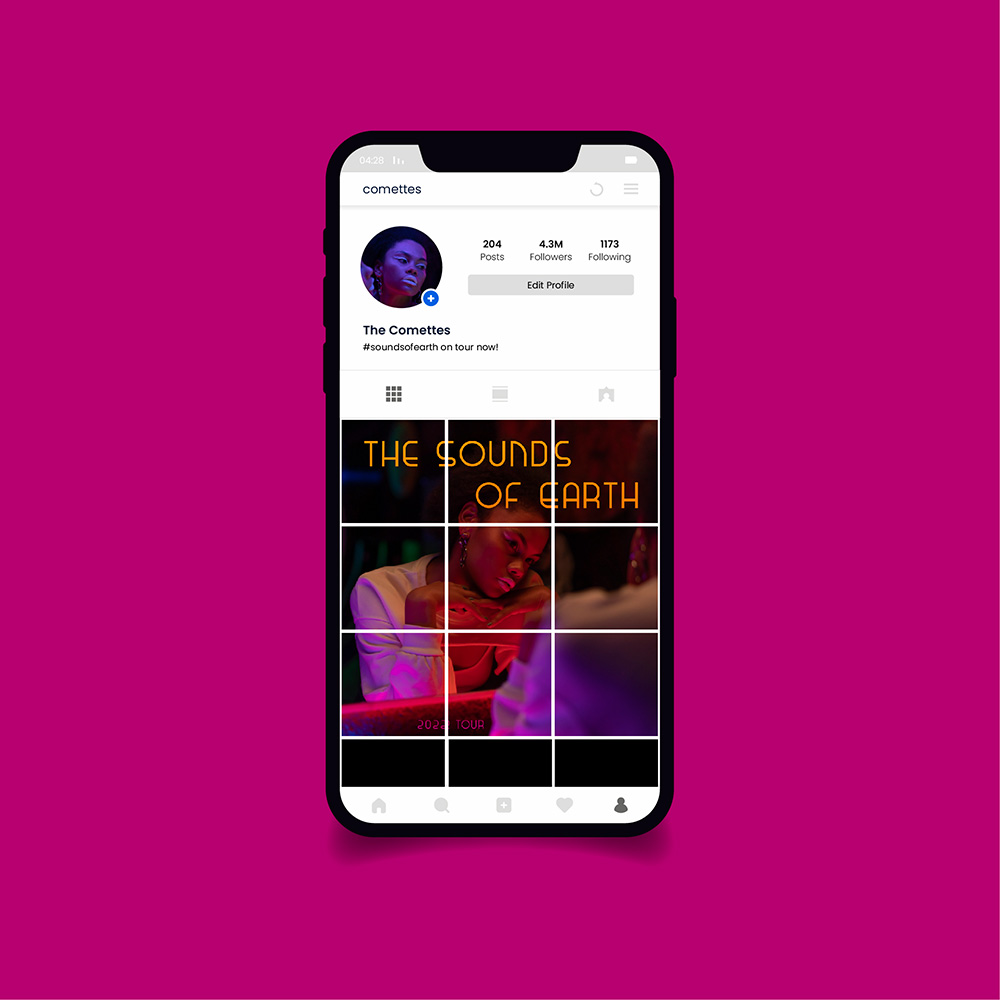 A phone mockup showing The Comettes' Instagram profile. The 9 most recent posts create one photo of a Black woman looking into a mirror with dramatic makeup and lighting. The text on the photo reads: The Sounds of Earth. 2022 Tour.