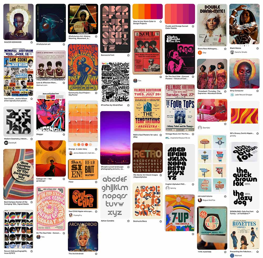 A Pinterest mood board with images of Afrofuturistic art, Motown ephemera, Janelle Monae album covers, and geometric typefaces. The overall color palette is yellow, orange, pink, and purple.