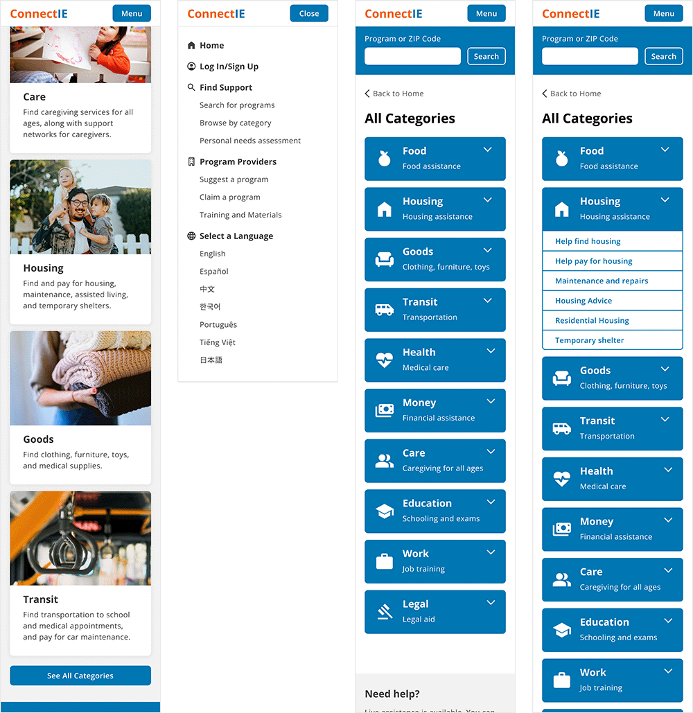 Four redesigned screens: category section of home page, menu with option to search by category, categories page, categories page with Housing option expanded.