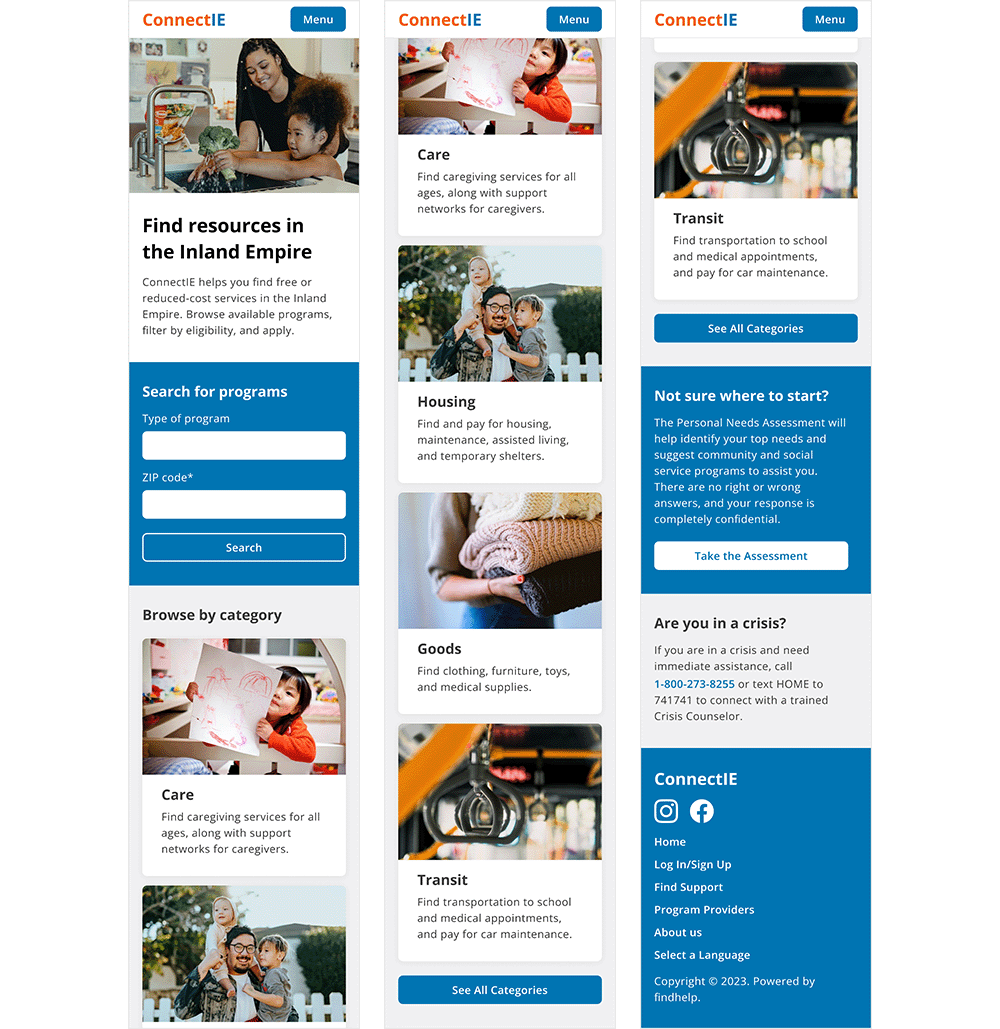 Three screens showing different sections of the home page.