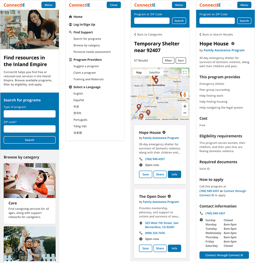 Four redesigned screens: home, menu, search results, and program page.