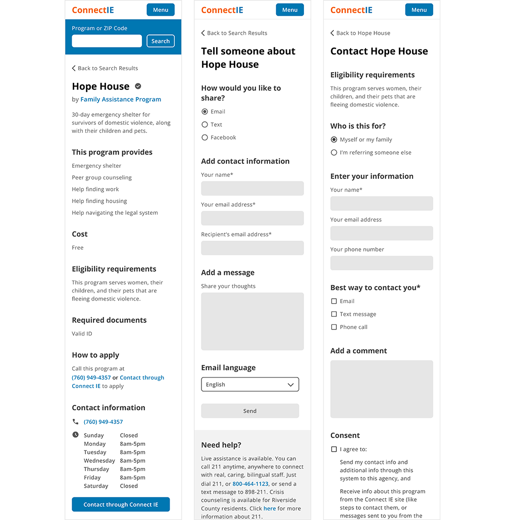 Three redesigned screens that are text-only: program page, share form, and contact form.