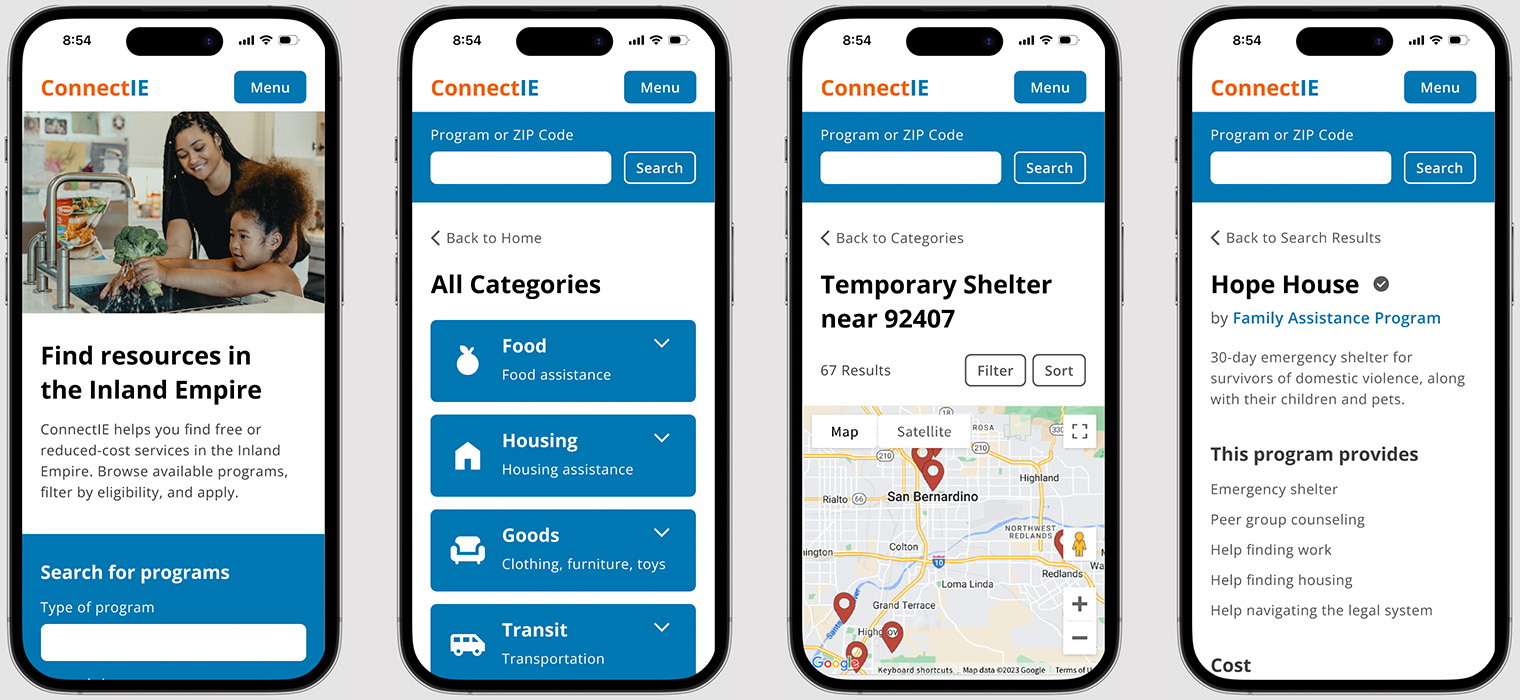 4 mockups of redesigned Connect IE screens on mobile: home, categories, search results, and program pages.