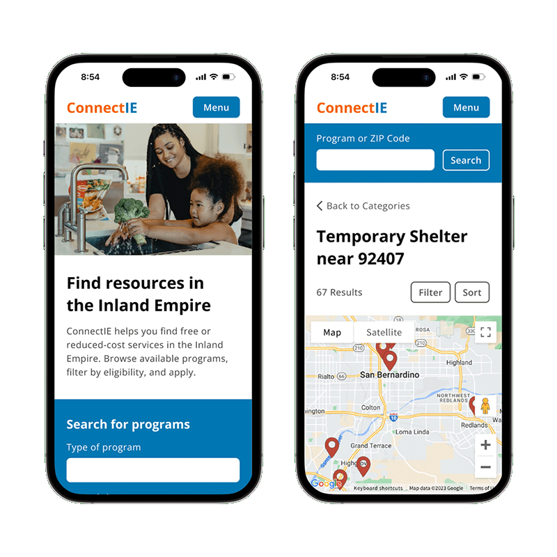 2 mockups of redesigned Connect IE screens on mobile: home page and search results page.