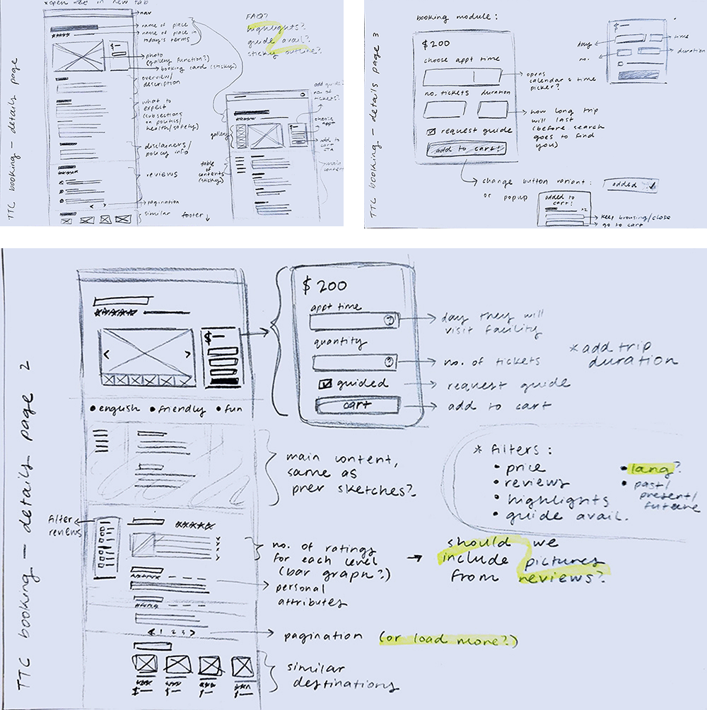 Annotated wireframes for desktop sketched on paper.